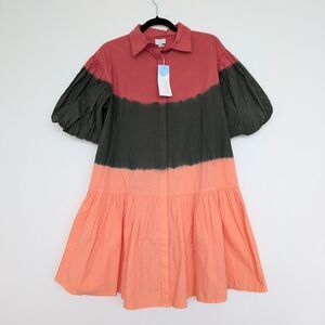 NWT Wknd Wyfr Frock-It Ombre Colorblock Collared Puff Short Sleeve Dress Sz M